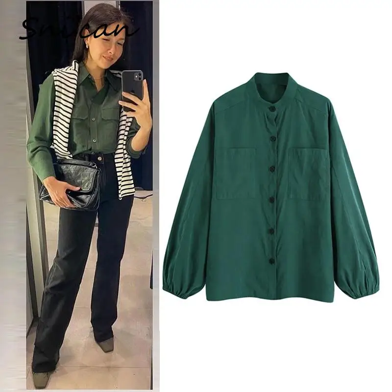 

Однотонная блузка Greeen в стиле оверсайз с карманами, модные повседневные офисные женские рубашки Za 2021, женские шикарные топы, Осенние Женски...