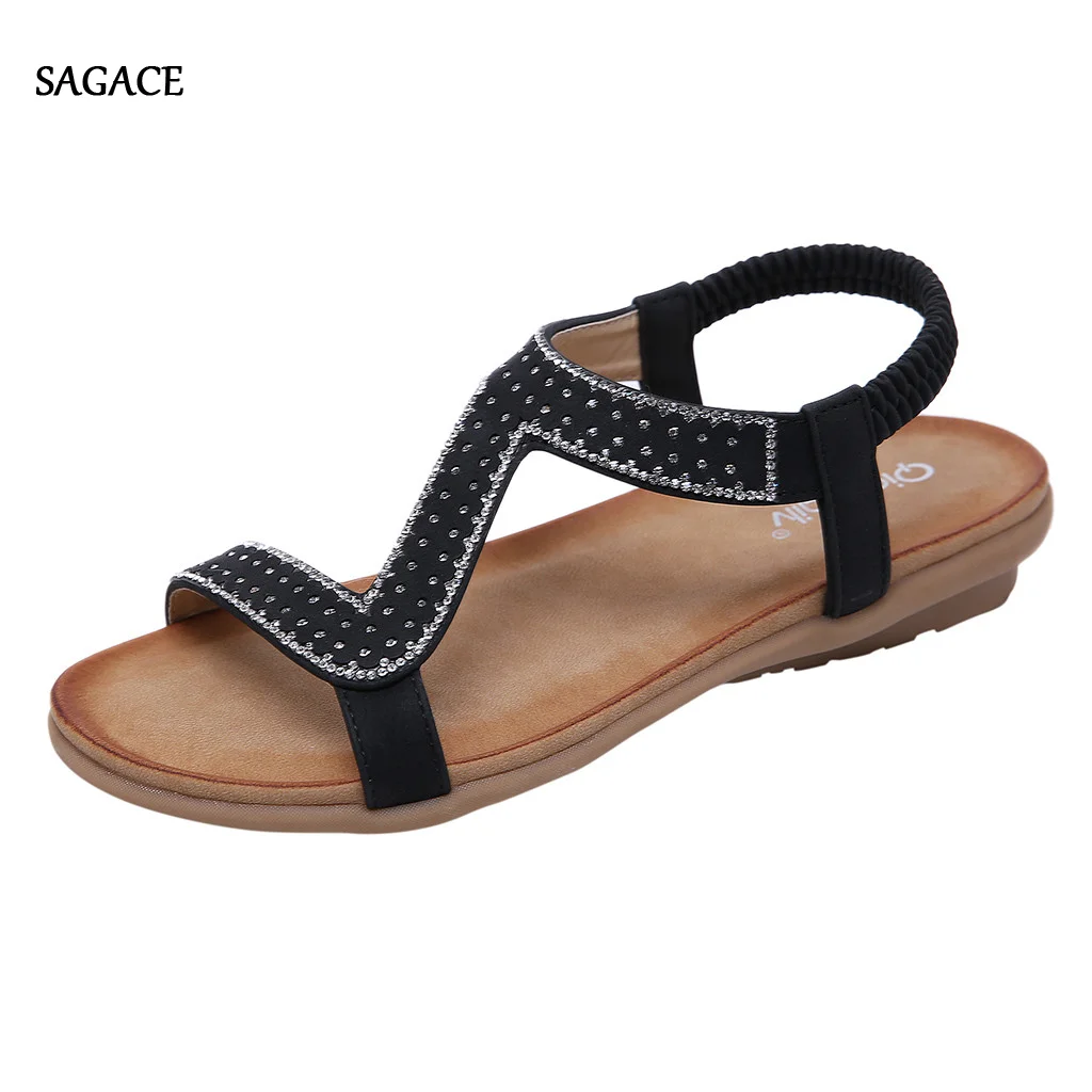 

SAGACE Summer Women's Open-Toe Sandals Bohemian Rhinestone Flat Elastic Band Beach Shoe Summer Shoes 2020 Beach Vintage Sandalia