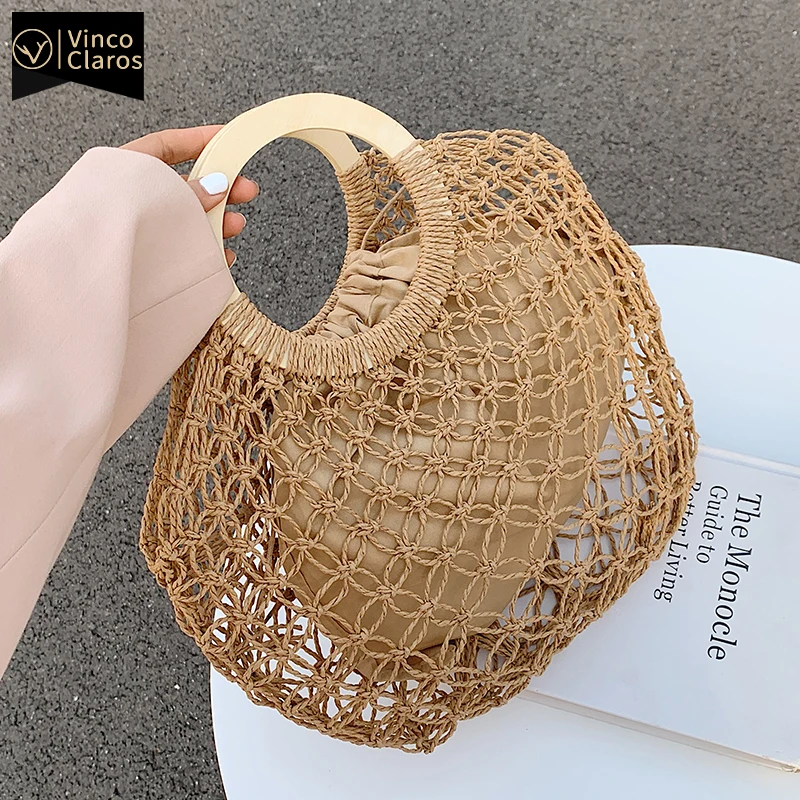 

Bolsos De Playa Large Hollow Woven Beach Bag Women Handbag Straw Clutch Fashion Round Straw Tote Luxury Purses and Hand Bags Sac