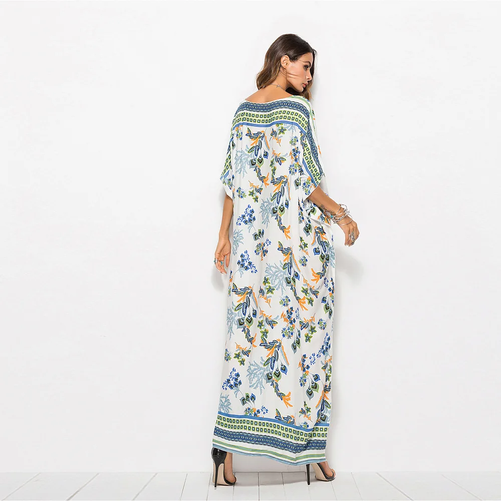 

Bohemian Women's Spring Summer Dress Fashion Print V-neck Bat Sleeve Loose Robe Elegant and Charming