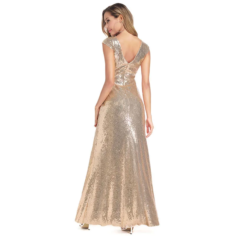

Mermaid Evening Dresses Sparkling Sequin Gold Women Party Gowns R167 Deep V-Neck Formal Vestidos Sleeveless Tank Robe De Soiree