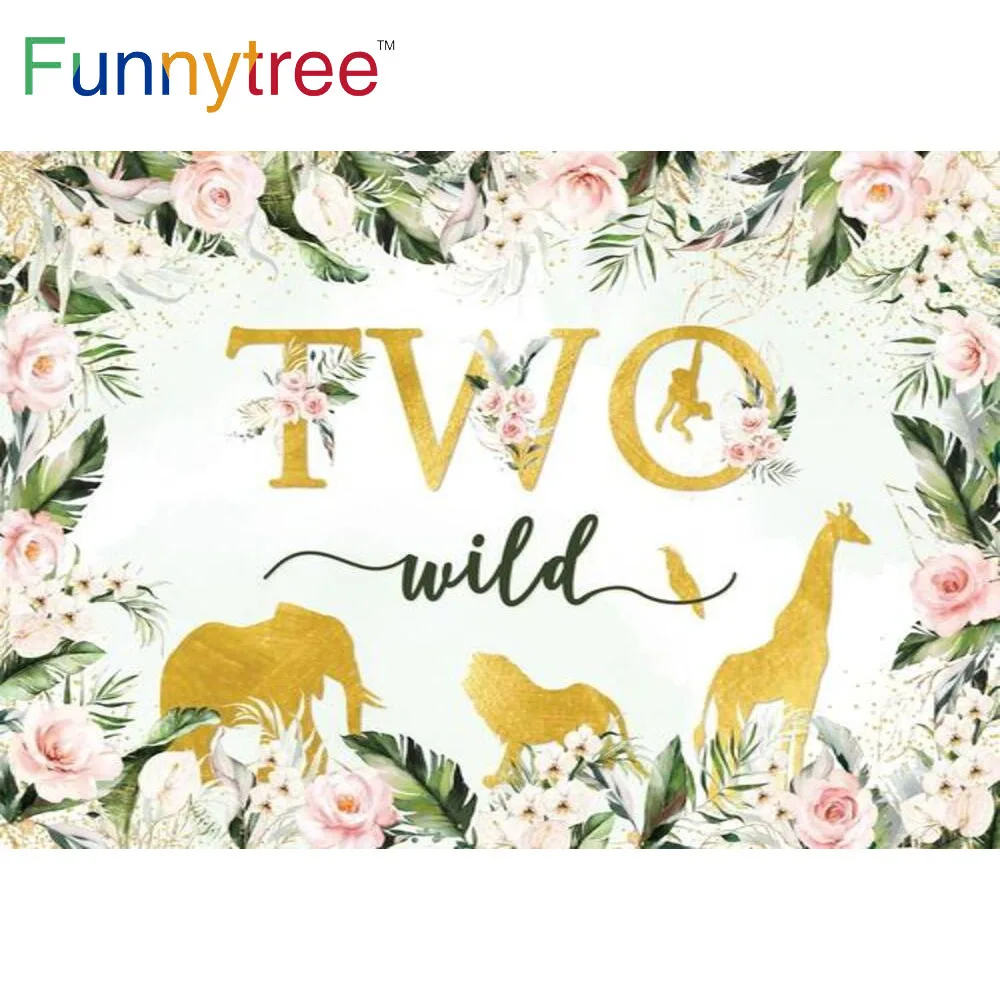 

Funnytree Two Wild 2nd Birthday Party Background Jungle Safari Spring Pink Flowers Animals Gold Silhouettes Baby Shower Backdrop