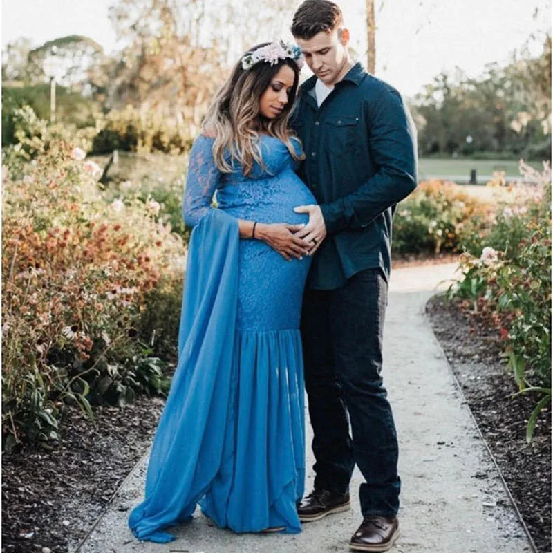 Кружевные шифоновые платья с длинным рукавом для беременных элегантное платье