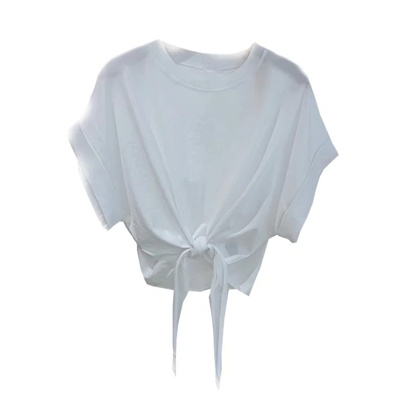 

Bow Knotted Hem Tshirt Women Short Sleeve T-shirts 2021 Summer New Solid Color Loose Lace-up Ins Bat Top Harajuku White Black