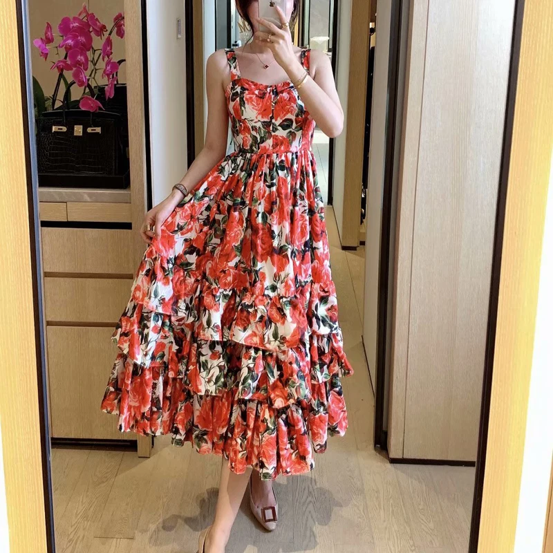 

Runway Bohemian Retro Print Flowers Sexy Suspenders Strapless Ruffle Party High-Quality Mid-Length Dress High-Quality New