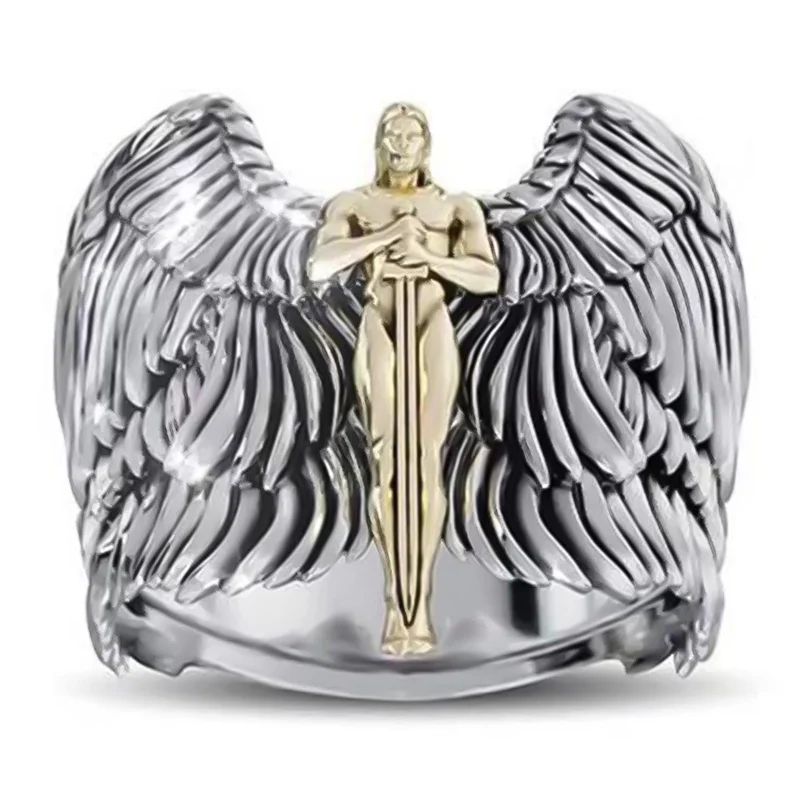 

Vintage Goddess Of Justice Punk Men's Ring Retro Angel Wings Cross Signet Rings For Men Anillos Viking Jewelry