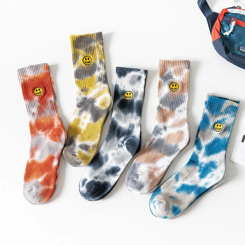 

Носки-трубы с вышивкой Tie-dye для мужчин и женщин, хлопковые спортивные высокие мужские носки с веселым лицом для студентов, уличные