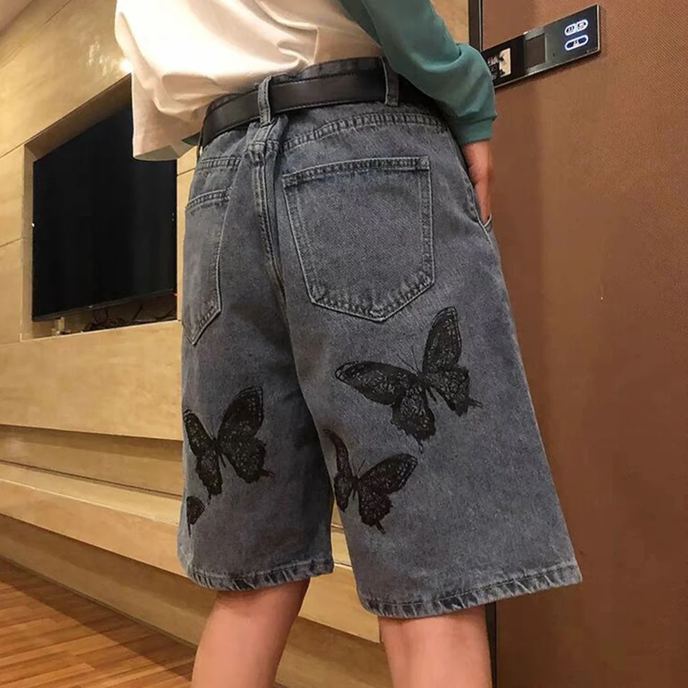 Шорты мужские из денима с принтом бабочки винтажные потертые повседневные штаны