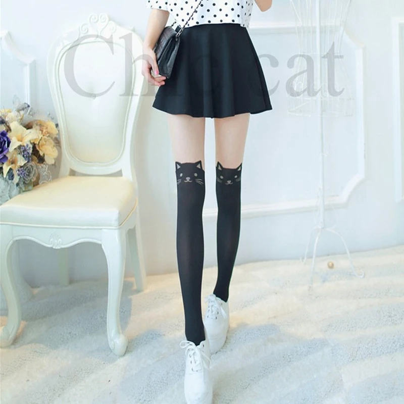 Женские пикантные колготки в стиле Харадзюку С мультяшным котом для девочек