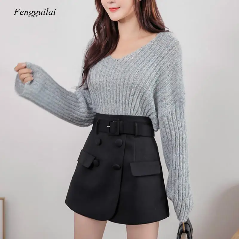 

Women's Short Skirt Retro Belt Shorts Female High Waist Black Fake Two-Piece Shorts Skirt Female Plus Size Short Skirt Mini Skir