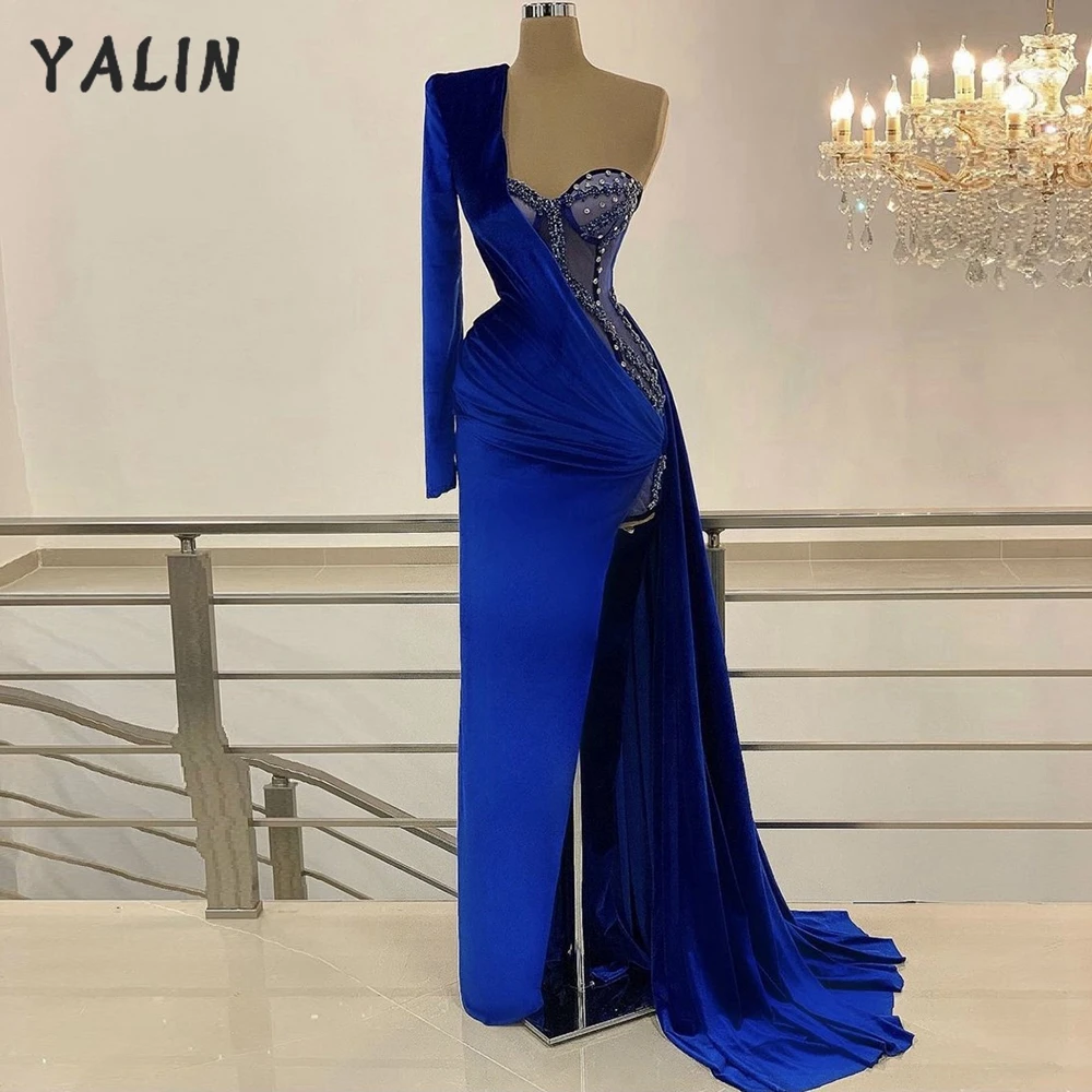 

YALIN Luxury Beaded African Evening Dress Women Royal Blue Velvet High Slit Prom Dress Formal Long Mermaid Vestido De Fiesta