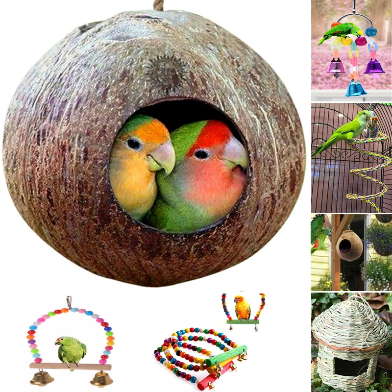 Natural Coconut Shell Bird Cages Parrot House Nesting House Cage With Hanging Lanyard For Small Pet Parakeets Finches Sparrows