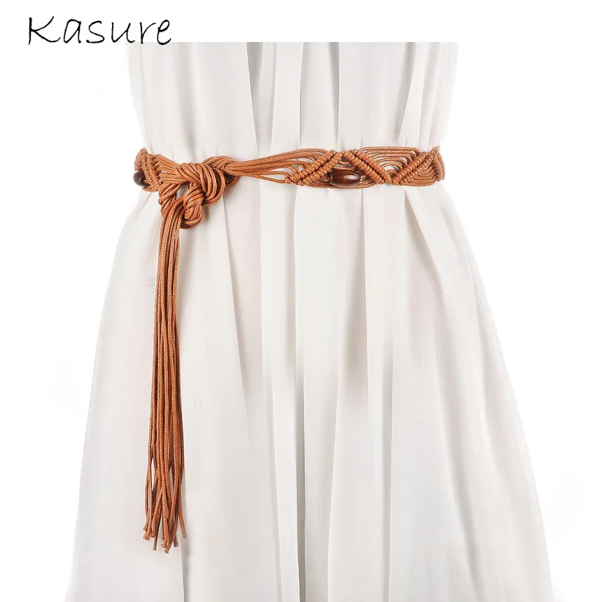 KASURE Womens' Bohemia Wax Rope Woven Waist Belt Skirt Dress Decorative Tassel Belts