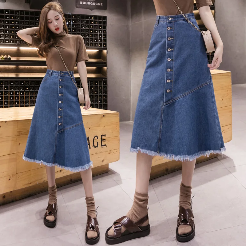 

Lucyever Denim Skirt Women Long Skirt Fashion Tassel A Line Ladies Jeans Summer Plus Size High Waist Cotton Mid-Calf Skirt 5XL