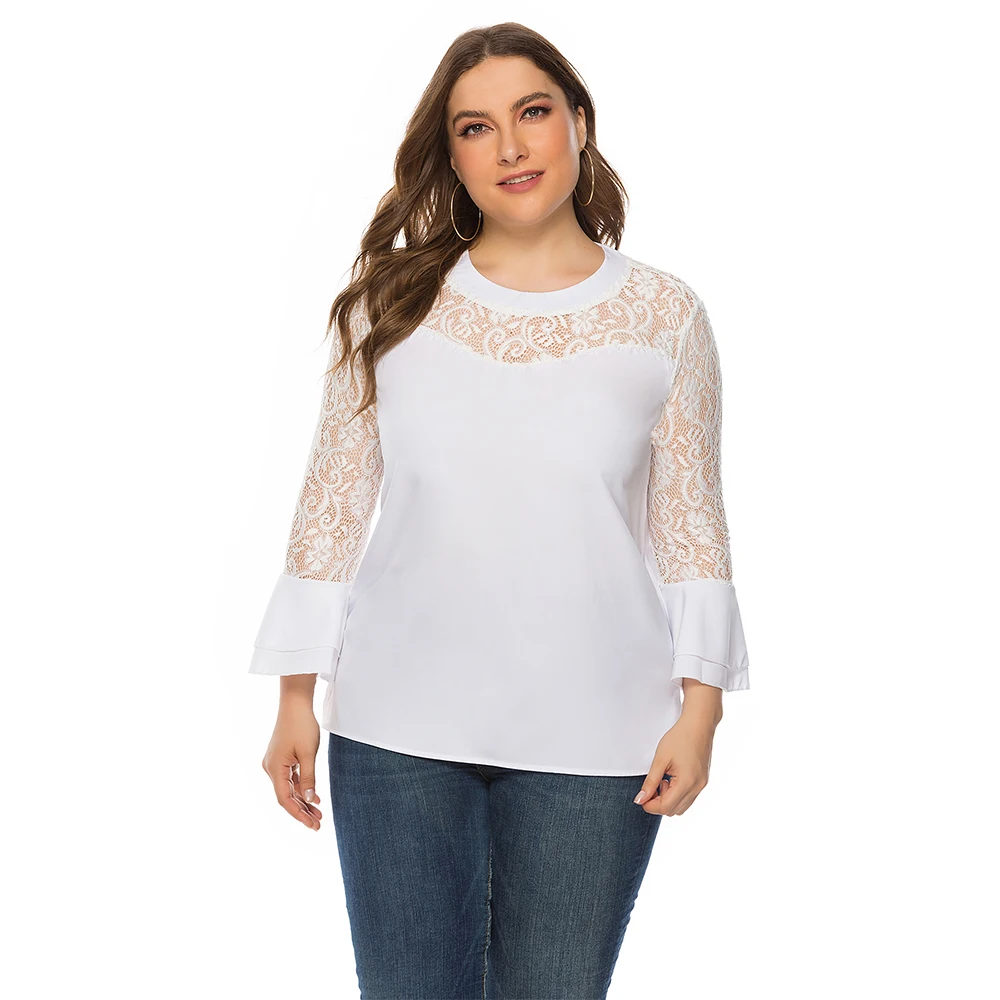 2019 осенние женские топы больших размеров модные элегантные кружевные блузки с