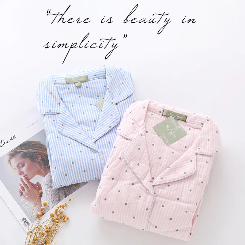 Women Long Sleeve Cute Casual Pajamas Korean Loose Striped Housewear Suits Autumn and Winter Cotton Sleepwear Couple Home Pj Set