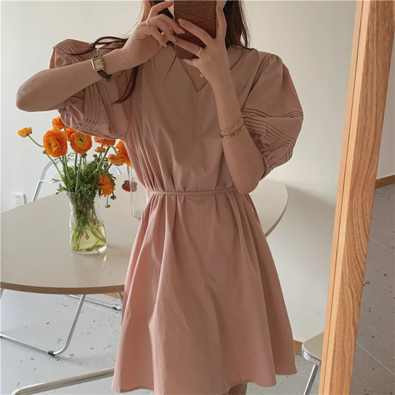 

Alien Kitty 2021 Summer Puff Sleeve Women Solid Gentle Mini Dresses New Retro Loose Sweet V-Neck Casual Chic Elegant Vestidos