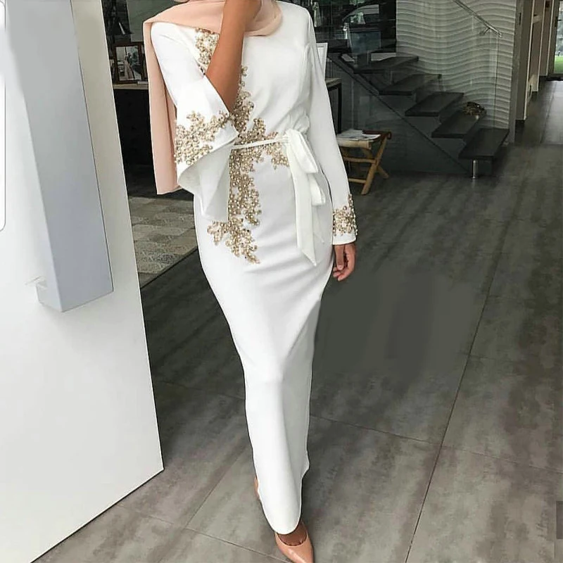 

White Long Sleeve Muslim Arabic Mermaid Evening Dress With Gold Appliques Beading Dubai Saudi Formal Evening Party Dresses