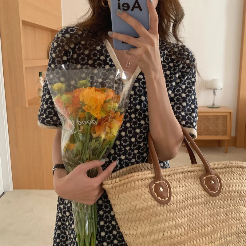 

Korejpaa Women Dress 2021Korea Chic Retro V-neck Edging Polka Dot Jacquard Hollow Design Pleated High Waist Short Sleeve Vestido