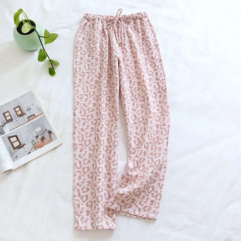 Spring and Summer Women Sleep Bottoms Loose Cotton Crepe Pajama Pants Fashion Simple Trousers Leopard Lounge Wear Home Sleepwear