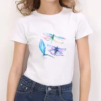 2021 high quality dragonfly print short sleeve o neck t shirts art lady t shirts casual t shirt women new style white tees