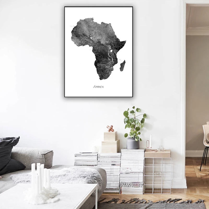 

Wall Art Canvas Painting Africa Map Poster And Print Watercolor Map Travel Gray Black White Picture Furniture For Living Room