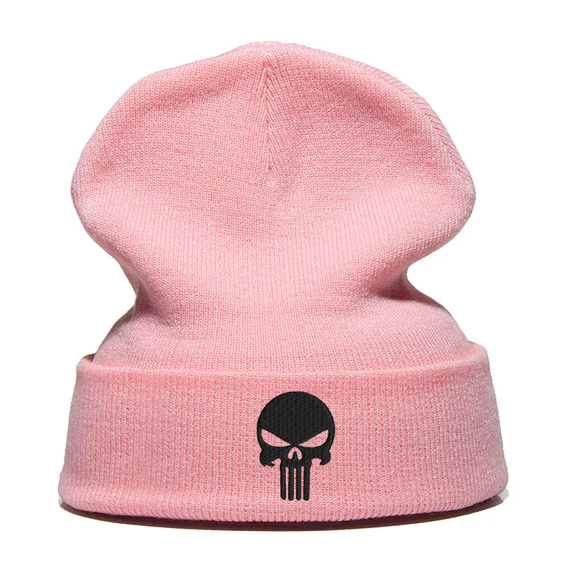 Beanie шляпа Skullie шапка, вязаная шапка-носок Зимняя Вышивка в стиле панк Для мужчин Для женщин для мальчиков и девочек подростков уличных танцев череп Skelton черный, белый, серый - Цвет: Pink black