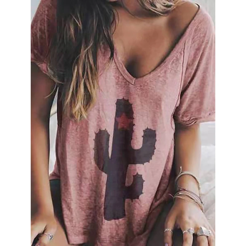 

2021 New Printed Graphic Summer V Neck T-shirt Cactus Five Pointed Star Kawaii Clothes Women Aesthetic Clothing Vintage Hot