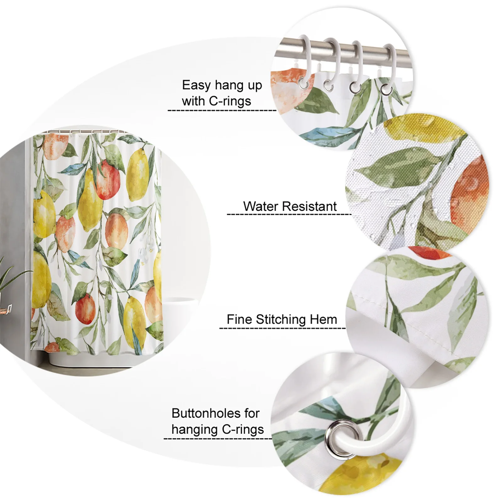

Grapefruit Lemon Leaves Watercolor Painting Shower Curtain Polyester Fabric Waterproof Shower Curtains Modern Bathroom Curtain