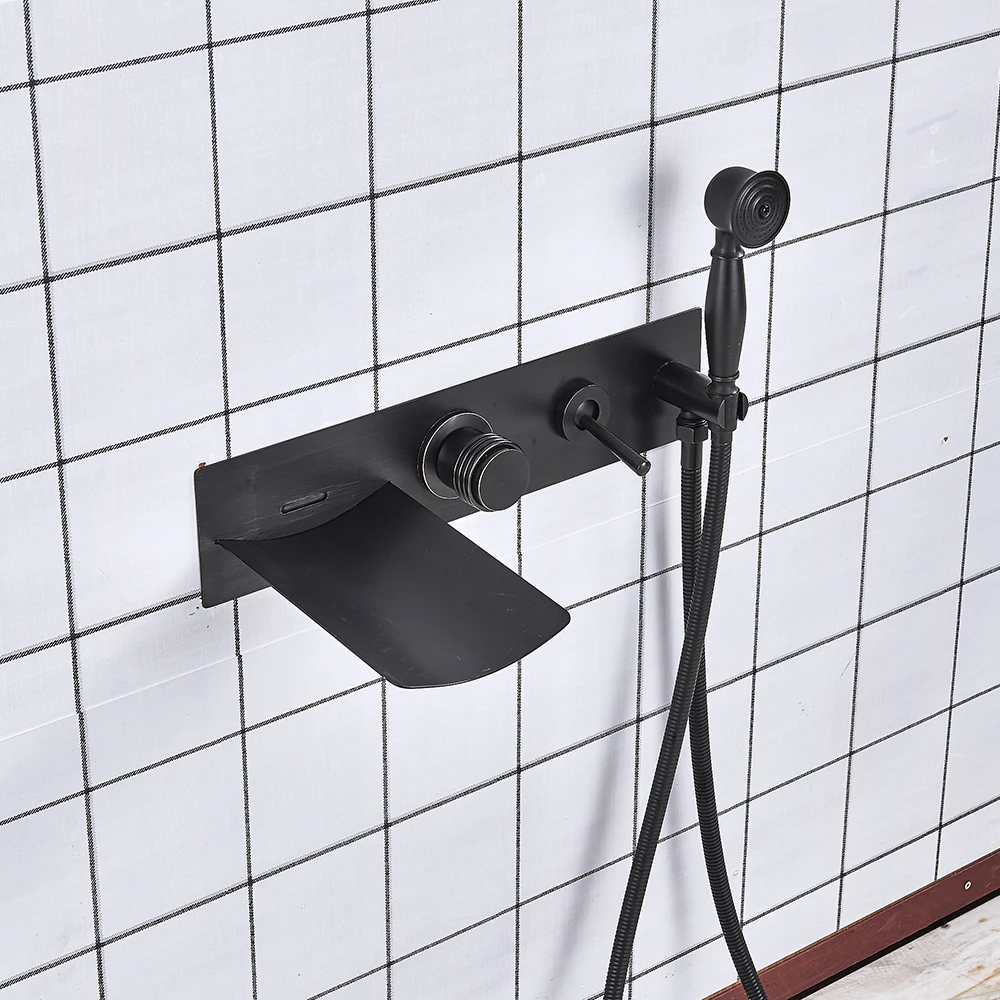 Фото Fashion Style Black Bronze Bathtub Faucet Mixer Tap With Hand Shower Sprayer Watelfall Spout Hot and Cold Water Обустройство дома Fashion Style Black Bronze Bathtub Faucet Mixer Tap With Hand Shower Sprayer Watelfall Spout Hot and Cold Water Обустройство дома