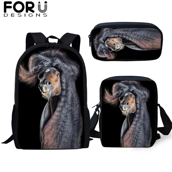 FORUDESIGNS/3 шт./компл. школьная сумка для мальчиков и для девочек-подростков; Friesian рюкзаки с рисунком лошади студент красивый вороной конь рюкзак для путешествий - Цвет: CDGX1499CEK