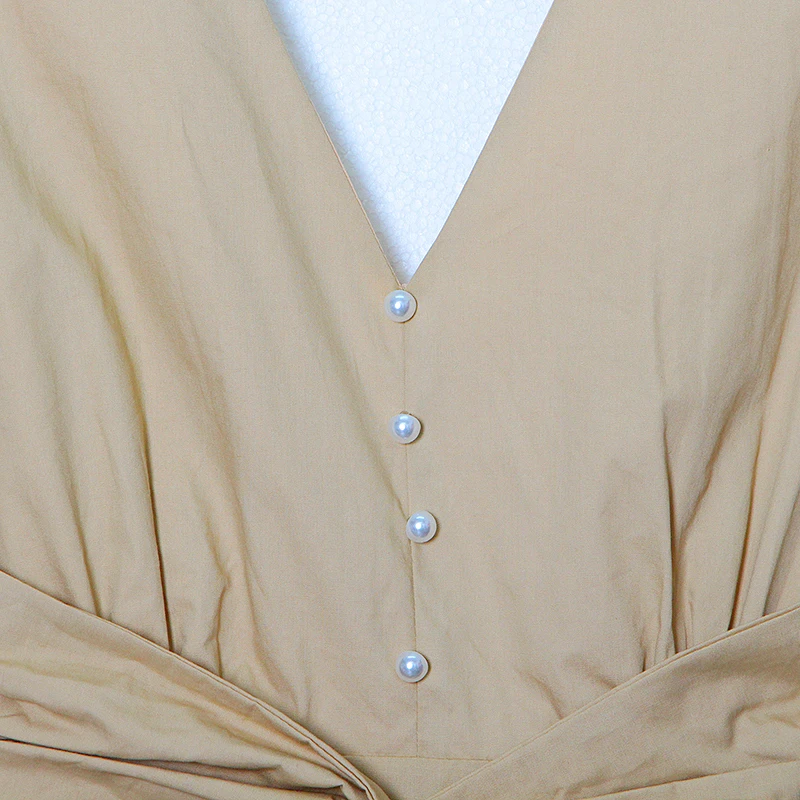 

SISPELL Back Hollow Out Dresses Forfeale V Neck Puff Short Sleeve High Waistslimming Patchwork Ruched Women's Vintage Dress Tide