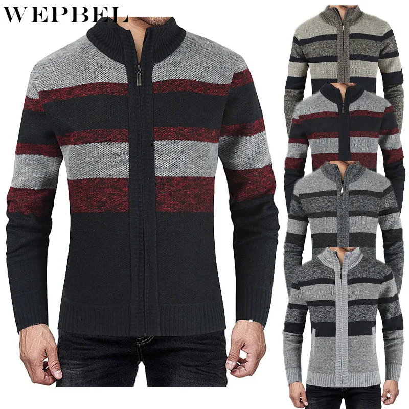 

WEPBEL Sweater Autumn Winter Casual Striped Slim Patchwork Sweater Men's Casual Long Sleeve Zipper Turn-down Collar Sweater