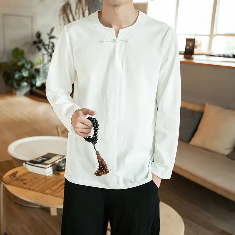 Men Sweatshirts Cotton Linen Chinese Traditional Long Sleeve Shirt Casual Jogger Taichi Meditation Kungfu Yoga Shirt Activewear