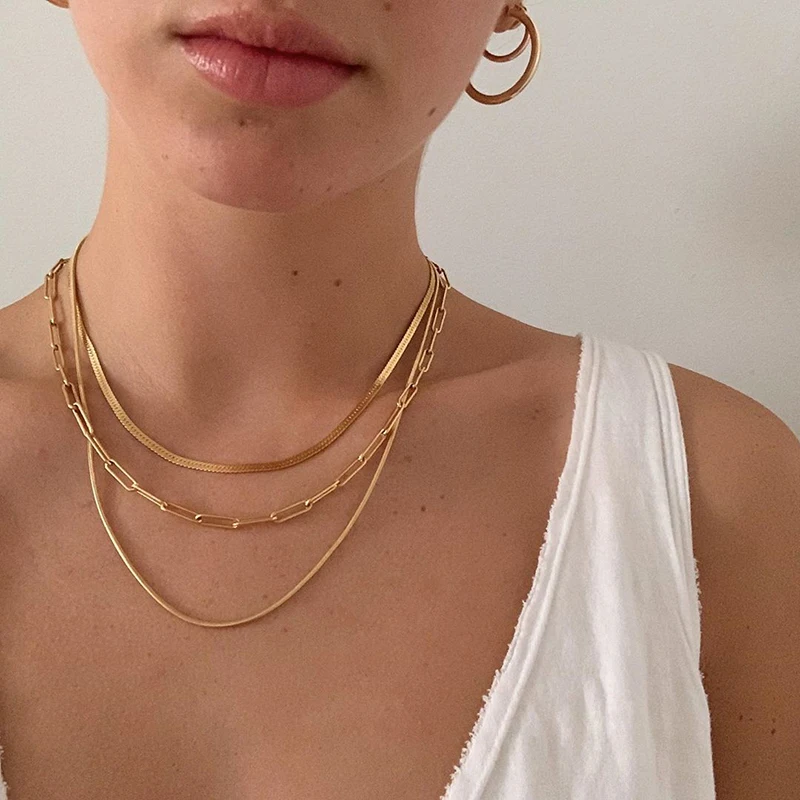 

Gorgeous 2020 Trend Jewelry for Women Plated 18k Gold Chain Necklaces for Female Thin Box Chain Snake Bone Chain Pendant Match