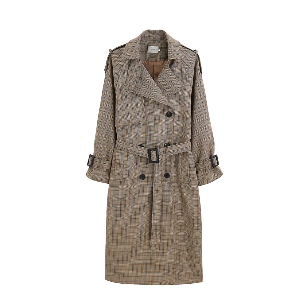 

Korean Style Ladies Trench Coat Plaid Long Double Breasted Belted Oversize Loose Women Duster Coat Outerwear with Storm Flaps