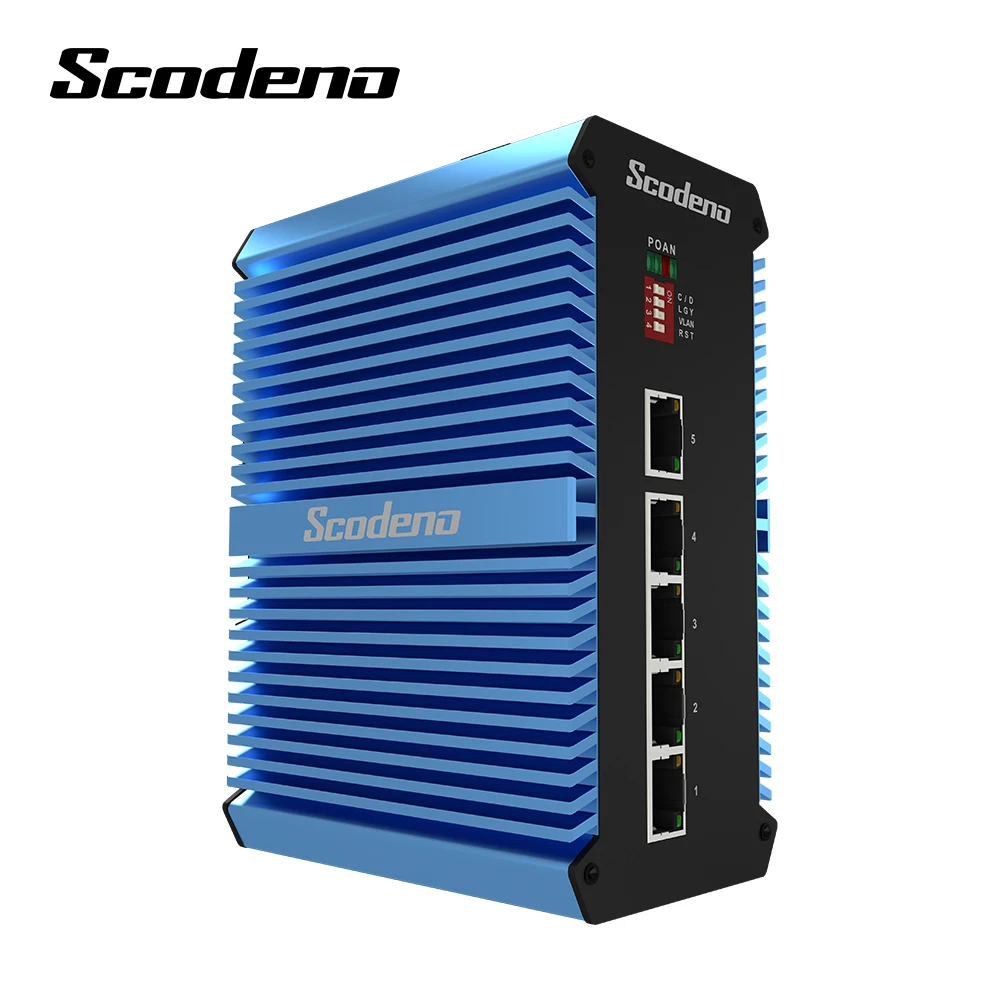 Промышленный гигабитный коммутатор Scodeno 5 портов PoE + din рейка Неуправляемый 160 Вт