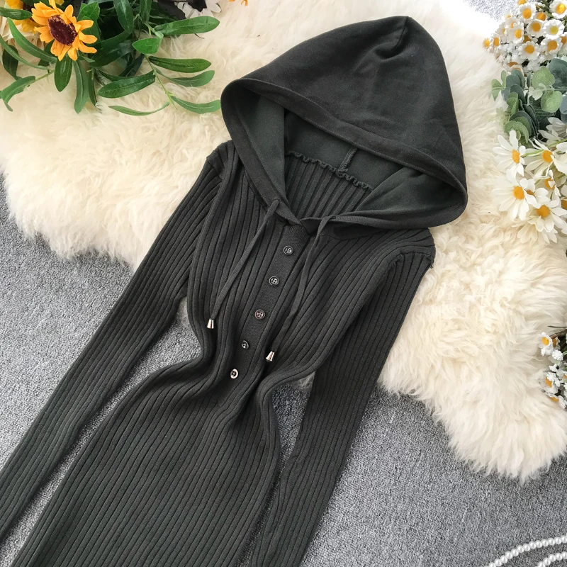 

Korean 2019 New Fashion Women Knitting Dress Vintage Long Sleeve Hooded Knit Dress Casual Buttons Decoration Dress For Female