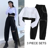 fashion jogger 3 piece sets women 2021 new high waist cargo pants with chain streetwear casual hip hop long sleeve crop tops