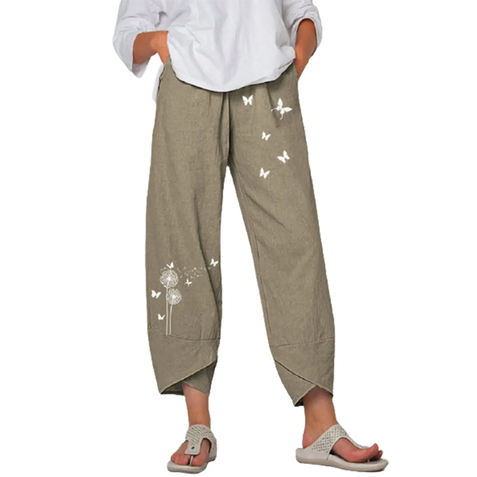 

Fashion Women Loose Solid Cotton Linen Big Pockets Linen Casual Wide Leg Woman Summer Oversized Pants 2021