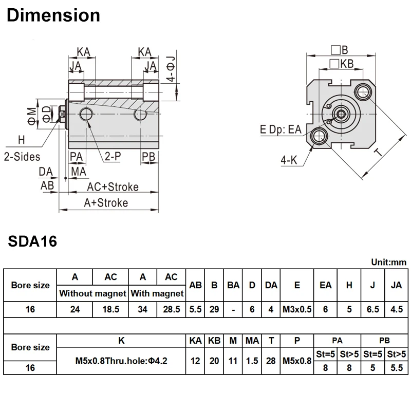 SDA16 * 25 S 16 мм диаметр Ход Компактный воздушный цилиндр SDA16X25 двойного действия