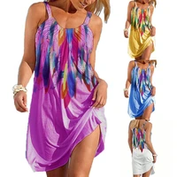 50 hot sales women feather printing sling sleeveless u neck off shoulder mini dress sundress for beach
