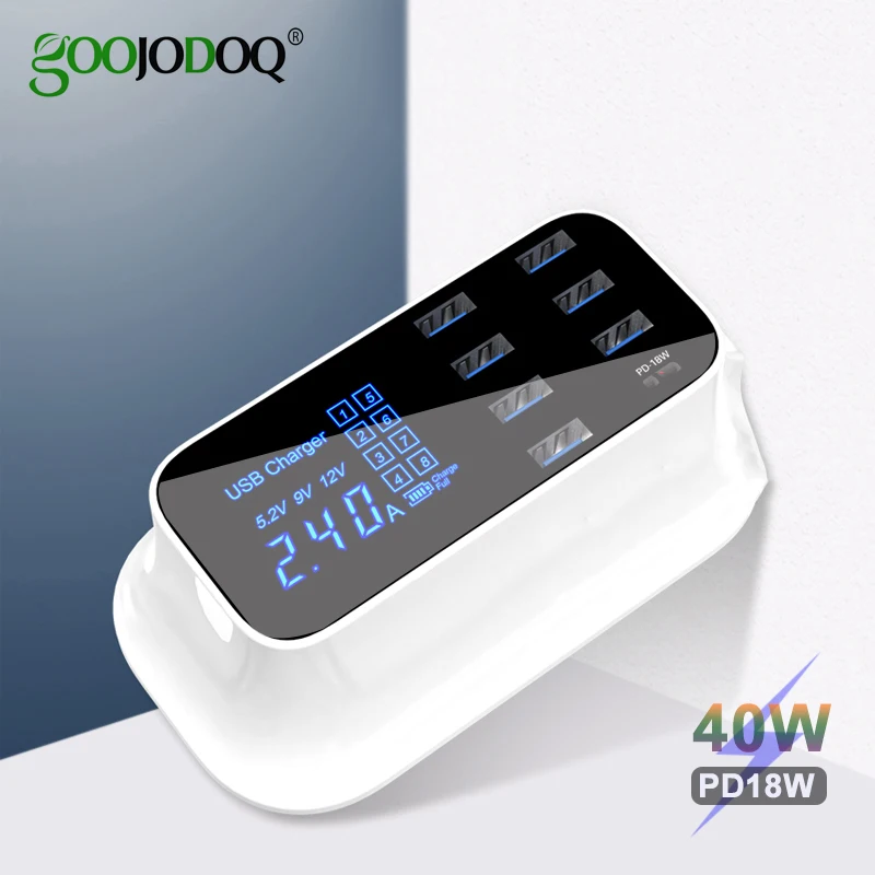 

GOOJODOQ PD Charger 40W 8 Port USB Charger Smart LED Display USB Fast Charging for Apple iPhone Adapter ipad Xiaomi Samsung