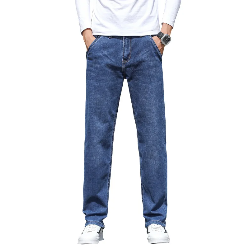 

Luren 2021 Loose Straight Mid-rise Men's Jeans Korean Style Elastic Causal All-match Trousers Slim Thin Pants Male Plus Size