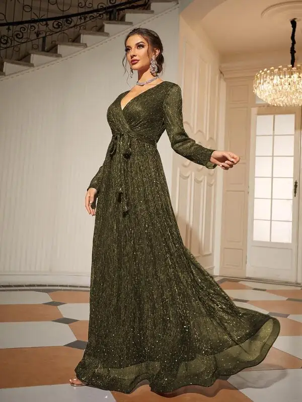 Женское Плиссированное Платье с V-образным вырезом длинным рукавом и блестками |