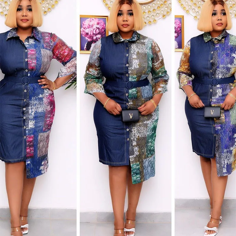 

Houseofsd Fashion Denim Print African Dresses For Women 2022 Summer Dashiki Jean Lace Patchwork Dress Ladies Sexy Party Skirt