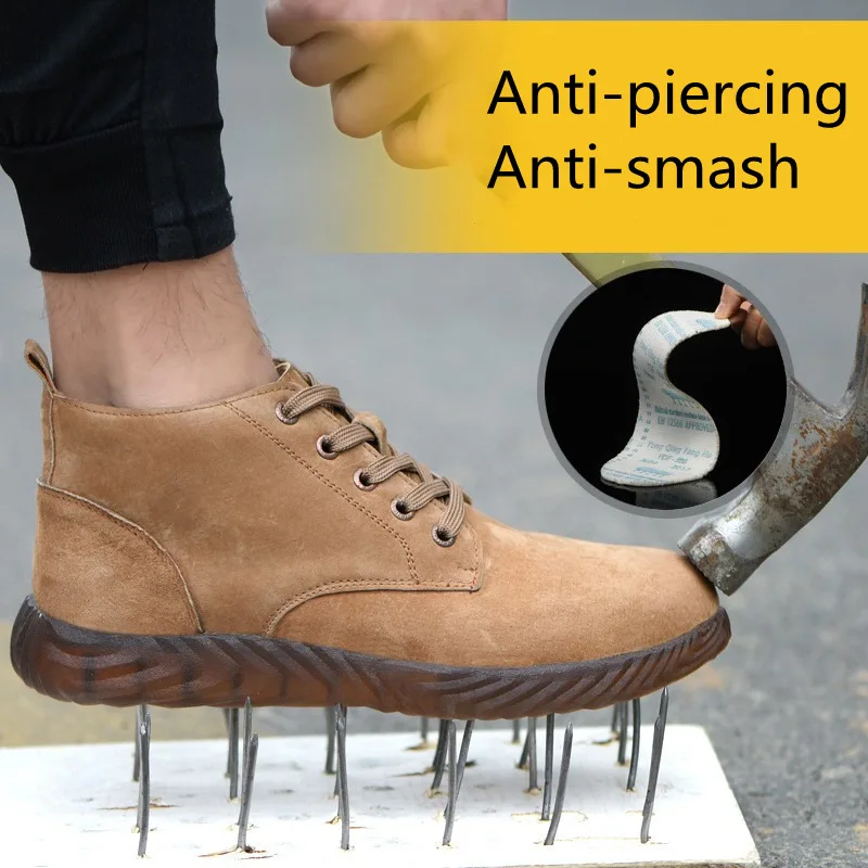 Неразрушаемые мужские высокие дышащие замшевые кожаные рабочие ботинки со