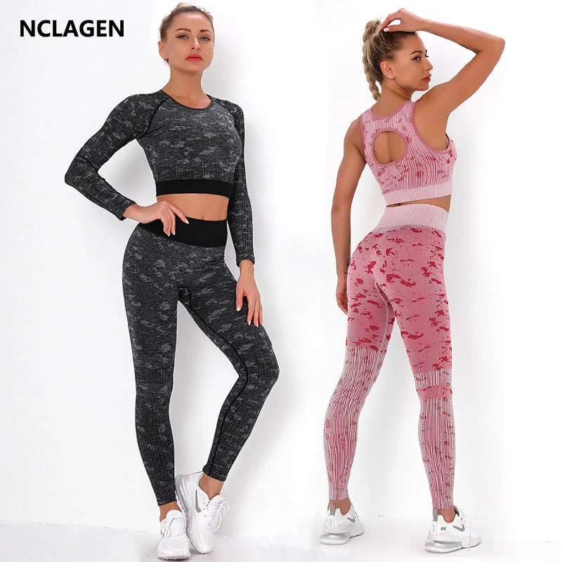 

NCLAGEN Seamless Suit Sport Camouflage Yoga Set Jacquard Long Sleeve Gym Top Push-up Workout Pants Fitness Bra Running Sportwear