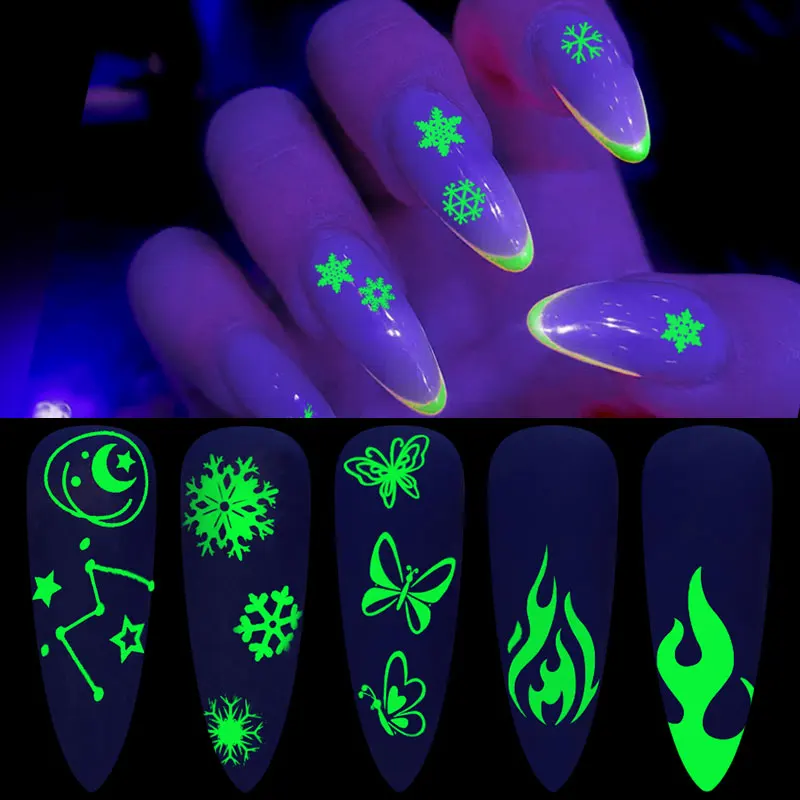 

Светящиеся наклейки для дизайна ногтей в виде пламени, бабочки, снежинки, Луны, наклейки для ногтей, светящиеся в темноте, украшения для мани...
