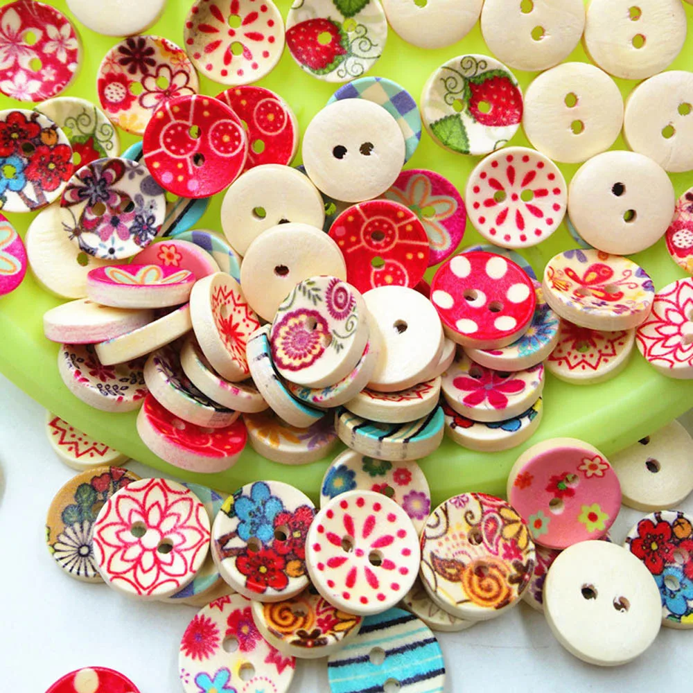 Best Selling Newest 100Pcs 2 Holes Mixed Printing Round Pattern Wood Buttons Scrapbooking 15mm Cute Beautiful | Дом и сад